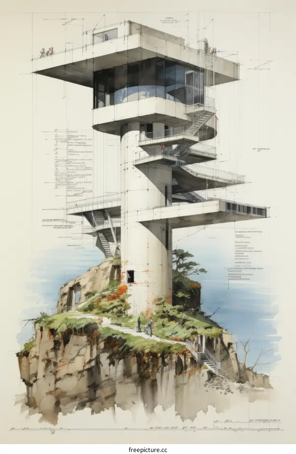 futuristic cliffside tower structure with people