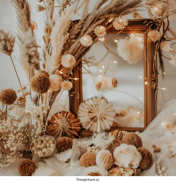 Dried Flowers and Ornaments in a Rustic Setting