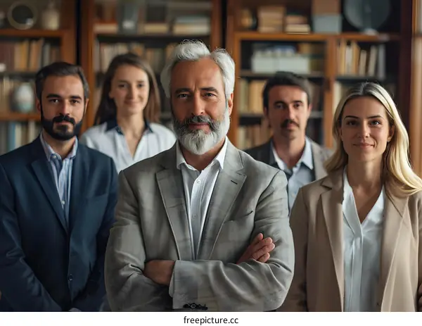 a group of business people posing in a library