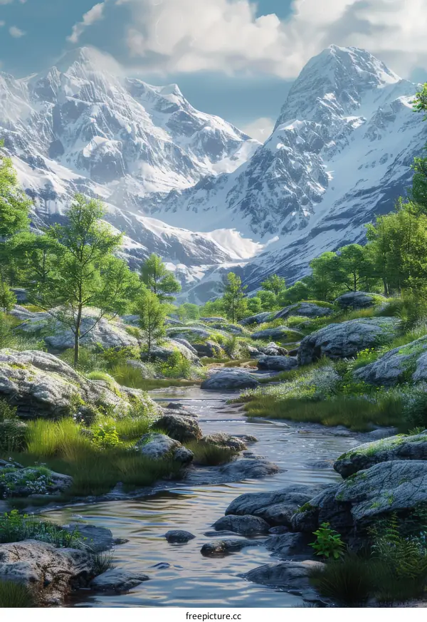 Mountain Stream Rippling Through a Pristine Valley