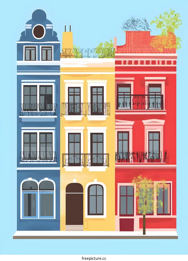 Colorful Three Story Row Houses Illustration