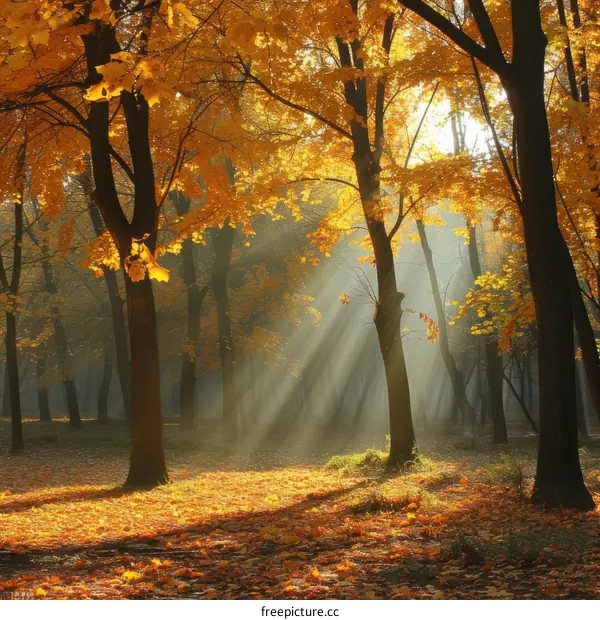 rays of sun through the autumn forest