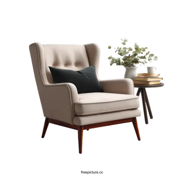 [Transparent Background PNG]Beige Wingback Chair in a Modern Living Room