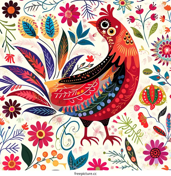 Colorful Rooster Illustration with Floral Background