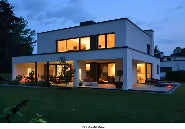 Modern White House with Large Windows and Outdoor Patio at Dusk