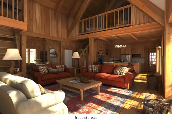 Wooden Cabin Living Room Interior Design With Loft