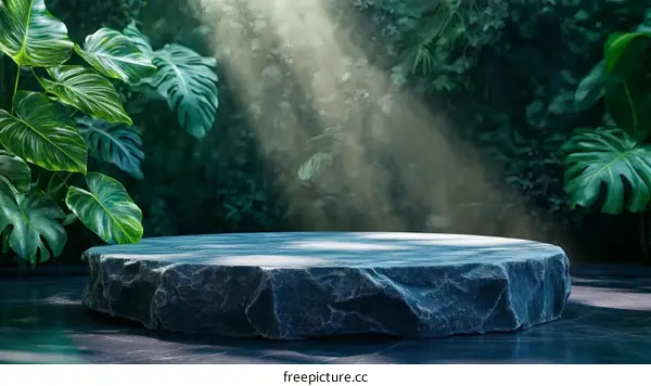 Dark Stone Display Stand in Lush Jungle Setting