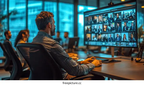 Multiple Video Conference Meeting in Modern Office