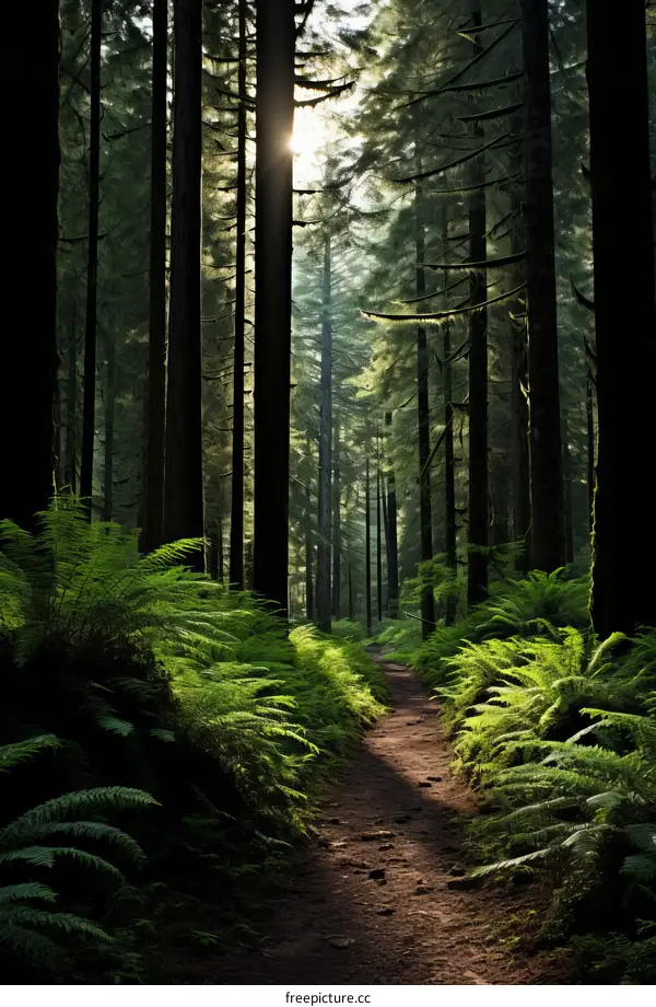 The sun shines through the tall tress in the forest