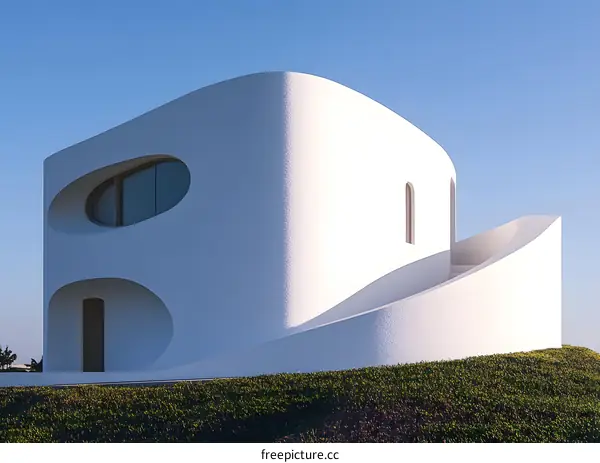White Modern Architecture House with Curved Walls and Oval Windows