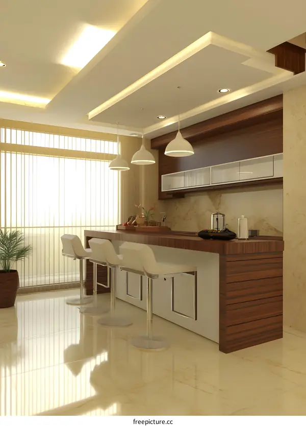 Modern Kitchen Interior Design with Wooden Countertop and Bar Stools