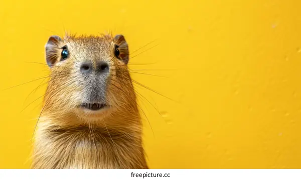 A capybara staring at the camera with a yellow background