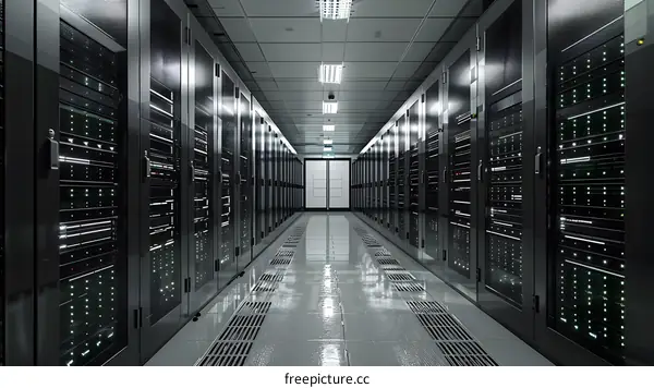 Futuristic server room with supercomputers