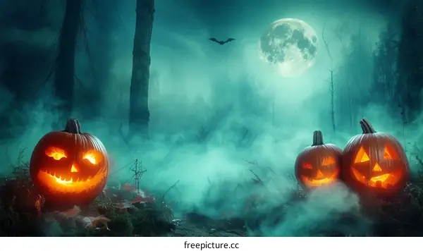 Spooky Halloween pumpkins in a creepy forest with a full moon
