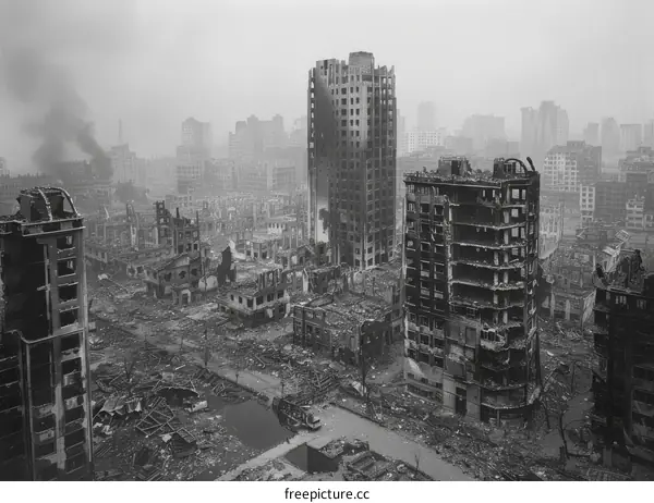 Post-apocalyptic city in ruins after a nuclear war