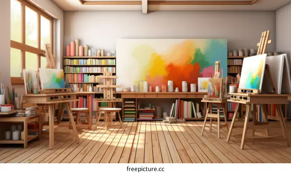 Art studio with bookshelves and painting supplies