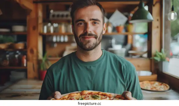 Smiling man holding pizza