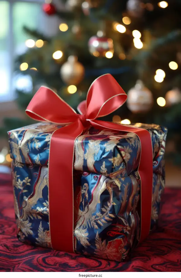 A beautifully wrapped Christmas present with a red ribbon