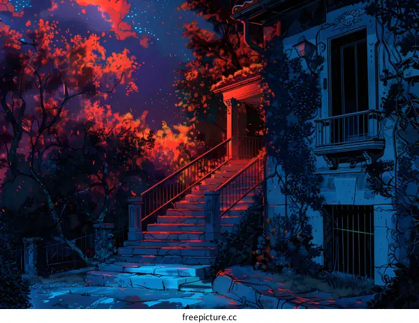 Nighttime Landscape with Red Sky and Stars