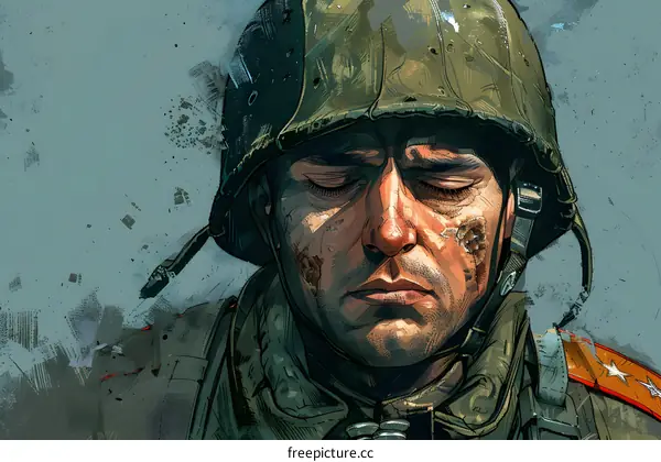Portrait of a soldier with his eyes closed