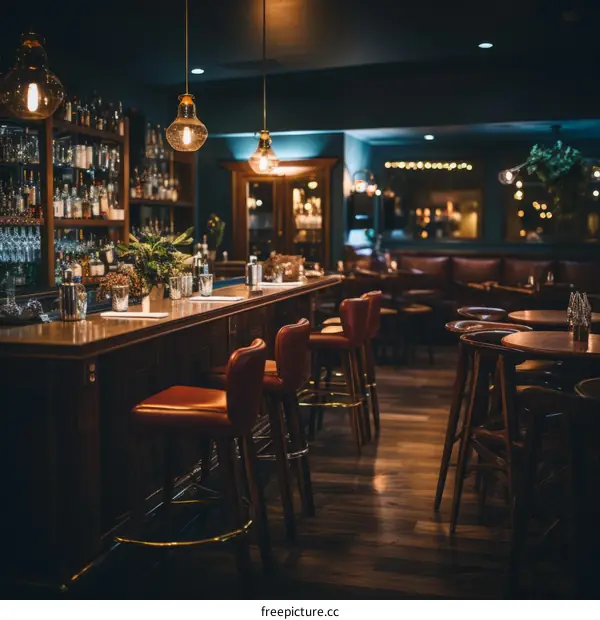 Luxurious bar interior with dark wood and leather seating