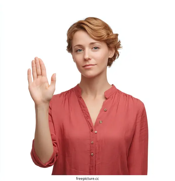 Woman in a Red Shirt Gesturing Stop