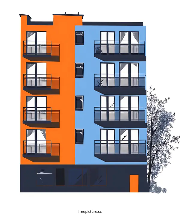Modern Apartment Building with Orange and Blue Facade