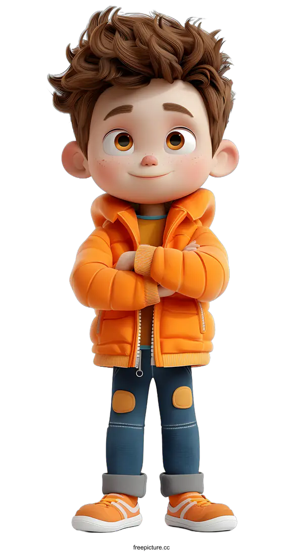 [Transparent Background PNG]Cute Boy 3D Illustration with Orange Jacket