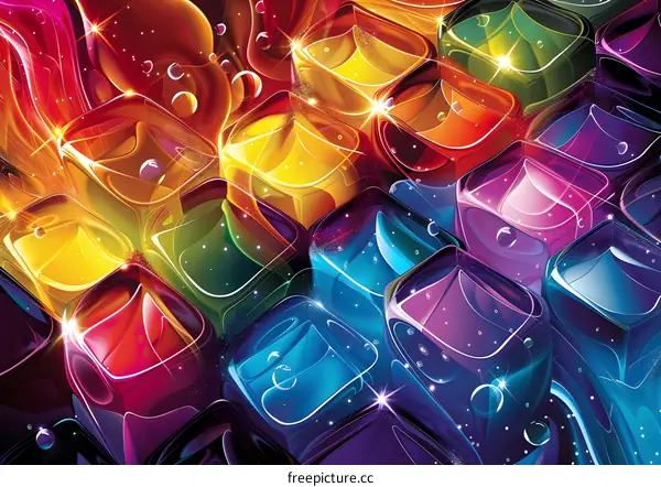 Colorful 3D illustration of a bunch of melting ice cubes