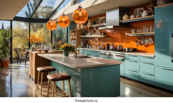 Blue and orange kitchen with large windows