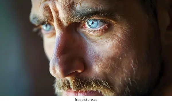 Close-up portrait of a man with blue eyes and a beard