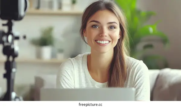 Smiling Woman Blogger Vlogging with Laptop