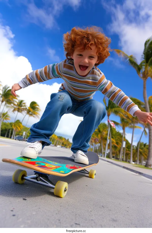 Redhead boy skateboarding down a palm tree lined street