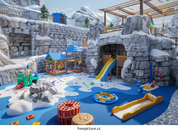 Snowy Playground with Climbing Wall, Slide, and Other Fun Equipment