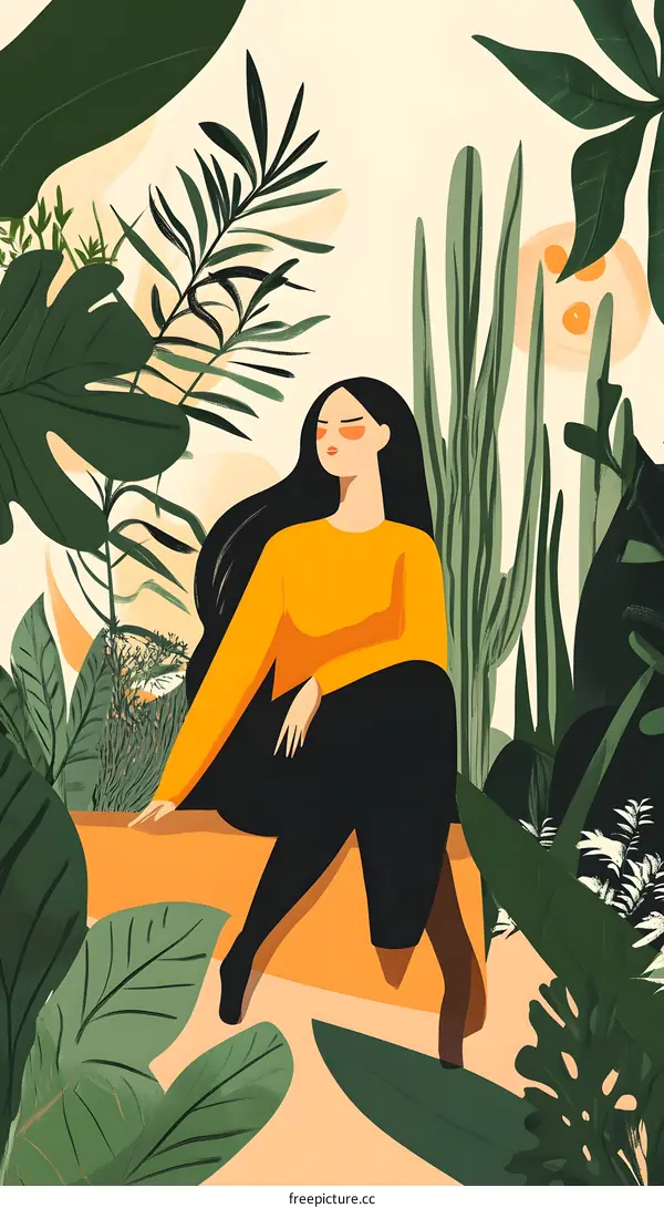 Woman Sitting In A Tropical Garden