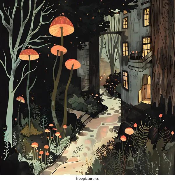 Forest House with Mushrooms and Lights