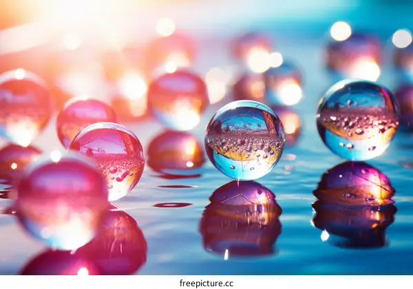 Glass balls floating on water with a colorful blurred background
