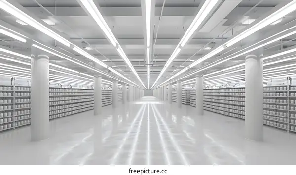 White Interior With Rows of Shelving And Fluorescent Lights