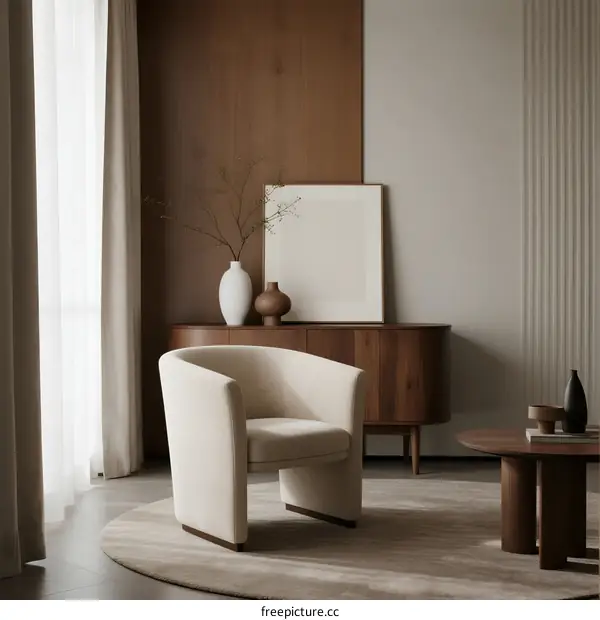 Modern Living Room with Comfortable Armchair and Wooden Furniture