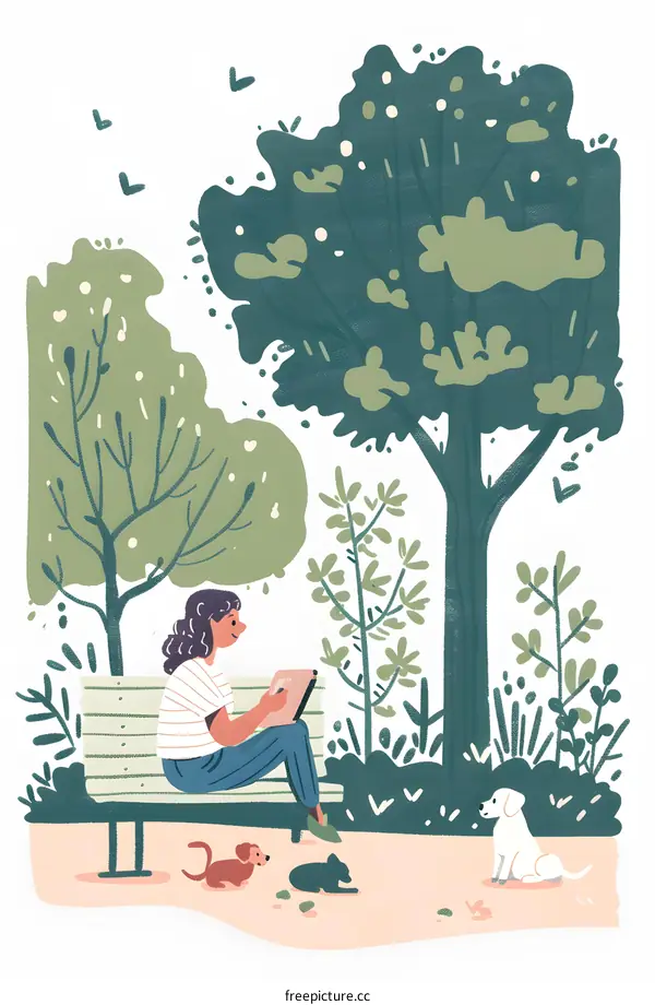 Woman with Dogs in a Park Illustration