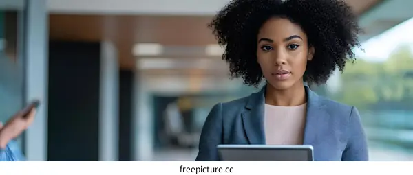 Confident African American Businesswoman Holding Tablet in Office