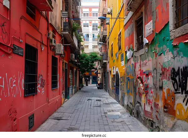 A narrow alleyway with colorful buildings and graffiti
