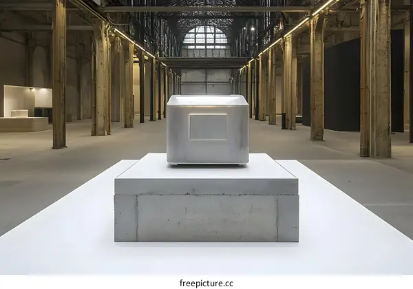 Metal Cube on Concrete Platform in Industrial Building