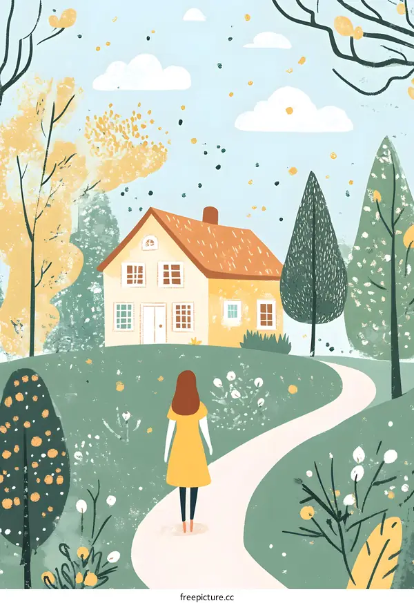 Walking Towards Home in the Countryside Illustration