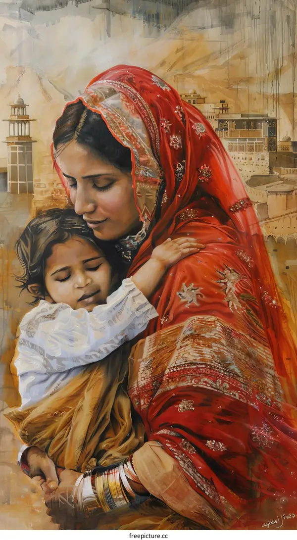 An Indian woman wearing a red veil holds a child in her arms