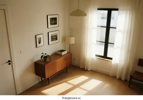 Bright and cozy room with wooden furniture and framed pictures