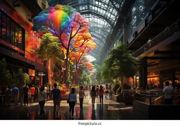 A shopping mall with a colorful tree installation