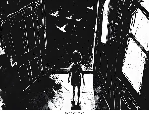 Black And White Illustration Of A Girl Standing In A Doorway Looking At Birds Flying Away