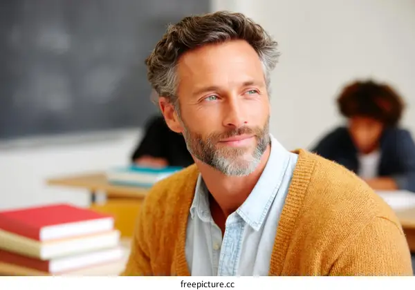 Mature man with beard in classroom setting looking away