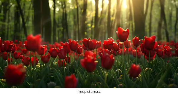 Red Tulips in a Forest Setting